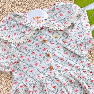 Vestido Manga Longa Florido com Gola Grypir - Areia